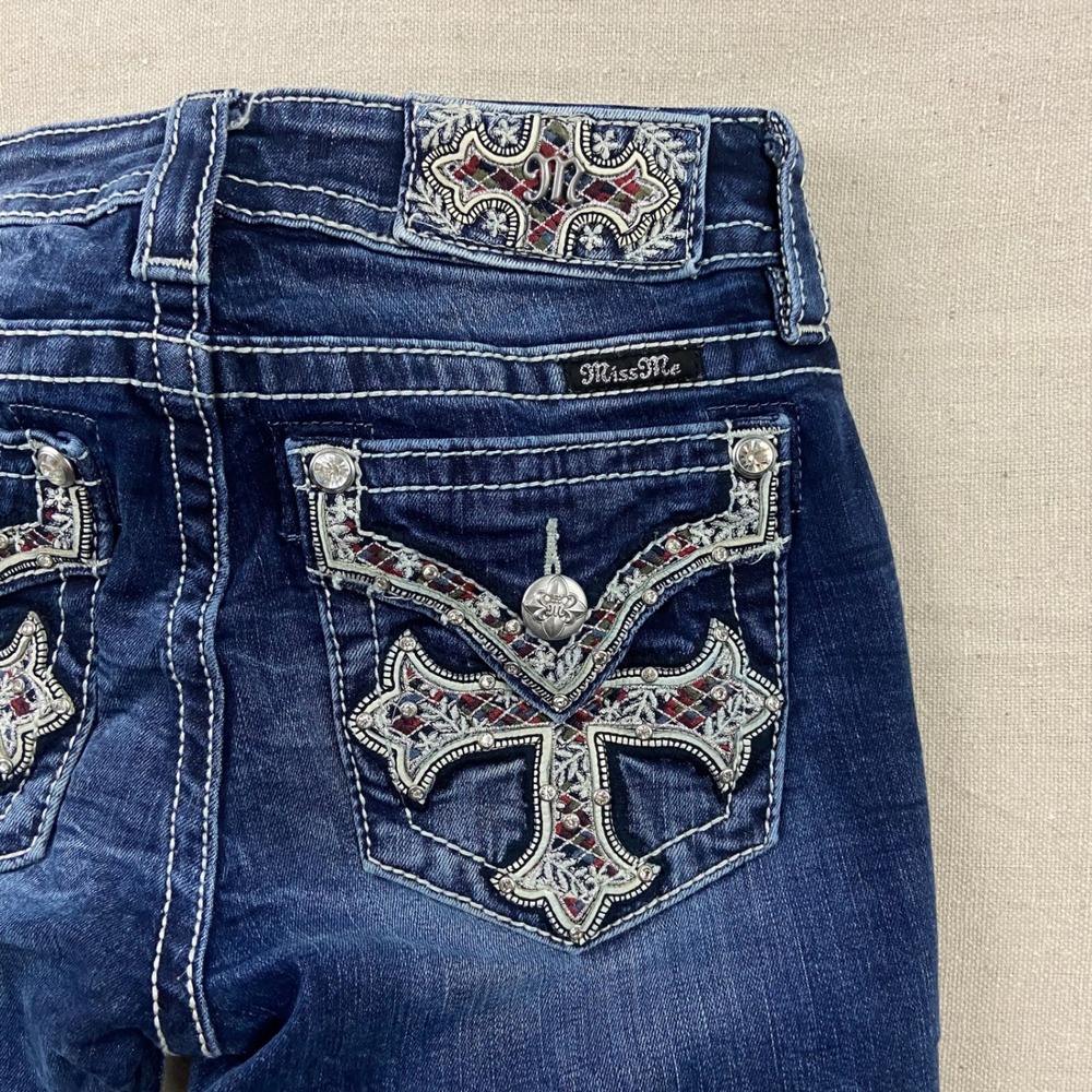 Miss Me Bootcut Jeans Womens 25 Blue Dark Wash Embellished Cross Thick Stitch